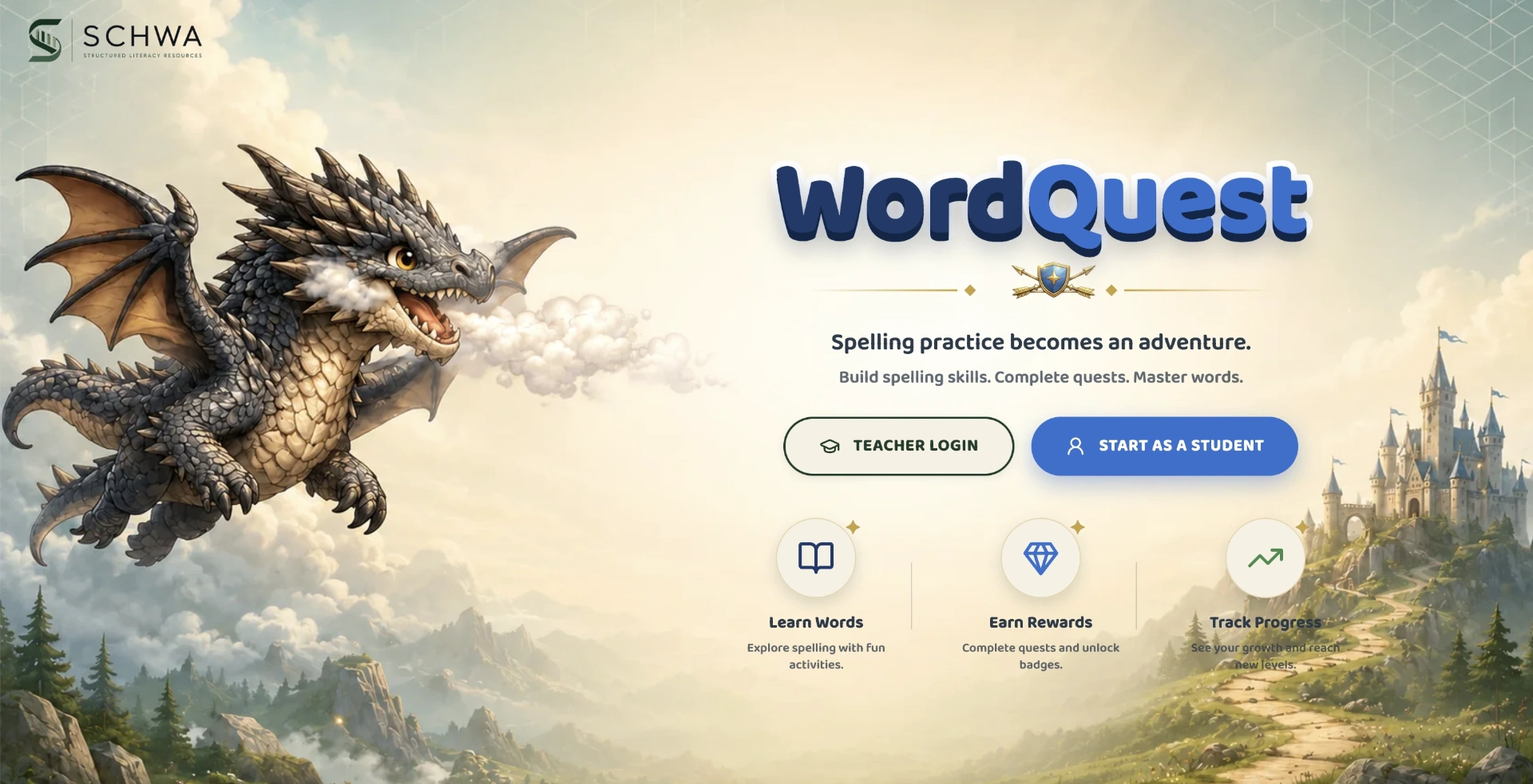 WordQuest spelling adventure landing page