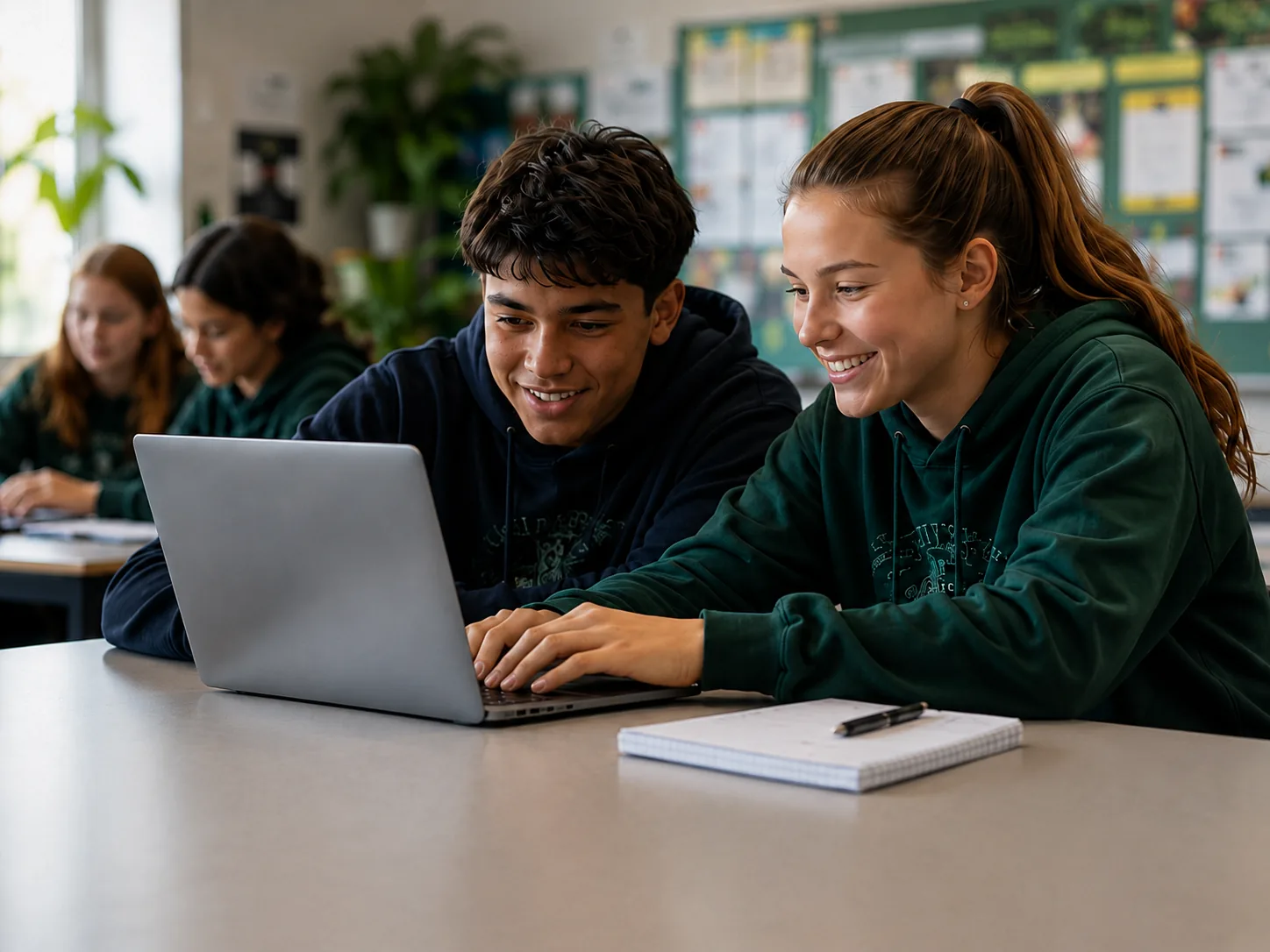 New Zealand students working together on a laptop in a classroom